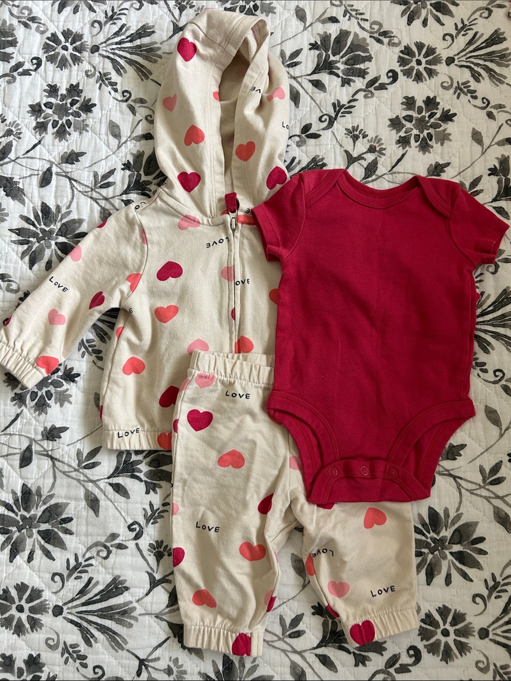 Carter's Cream Heart Print Hoodie & Pants with Red Onesie